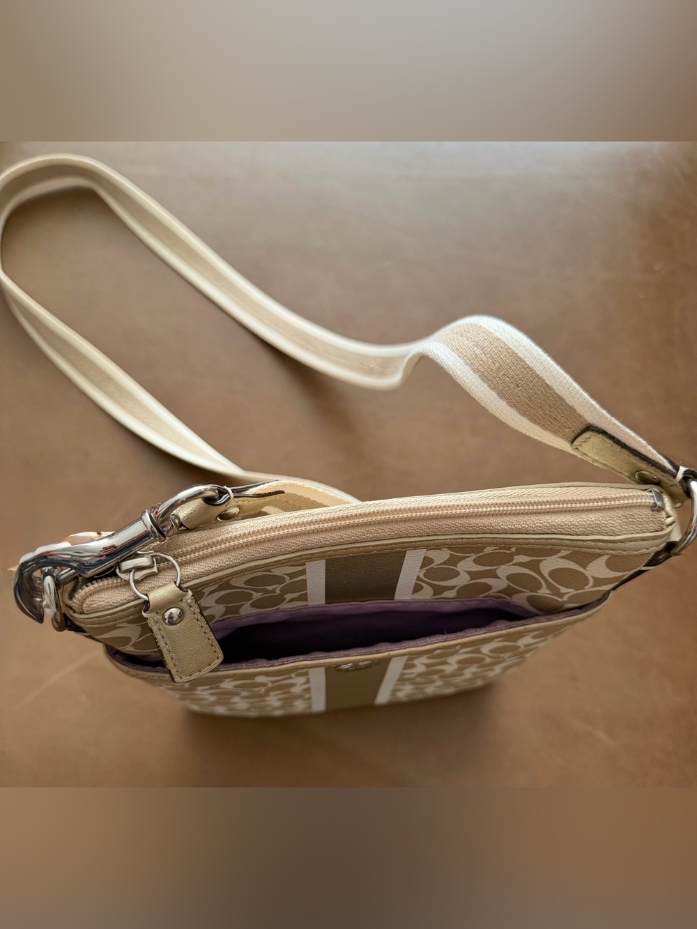 Coach Beige Signature Stripe Crossbody Bag - Picture 6 of 9
